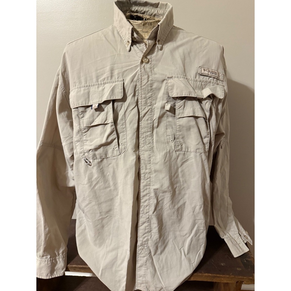 Columbia PFG Button Up Shirt Medium Tan Mesh Fishing Vented Boat Outdoors Mens